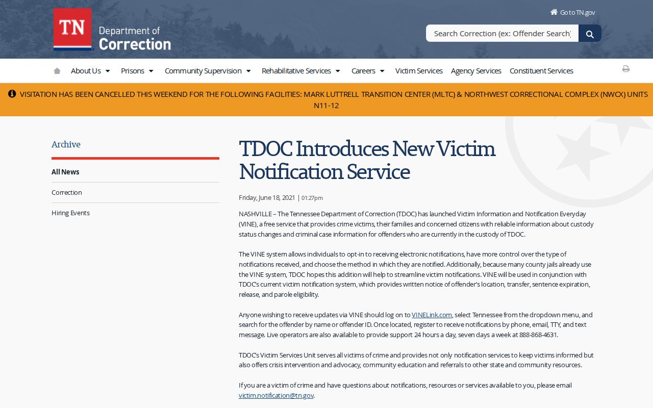 Tennessee Department of Correction VINE instructions for Fentress custody alerts