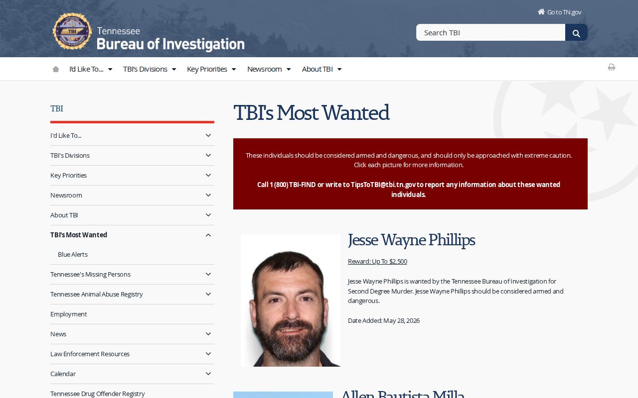 Tennessee statewide wanted page for Fentress County warrant context