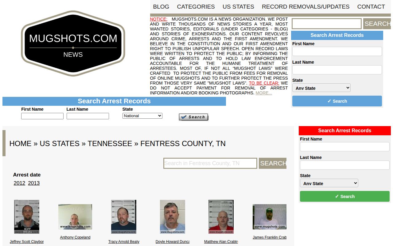 Unofficial Fentress County arrest listing source